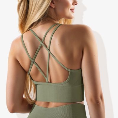 Women's Scoop Neck Cropped Rib Knit Seamless Criss Cross Back Sports Bra
