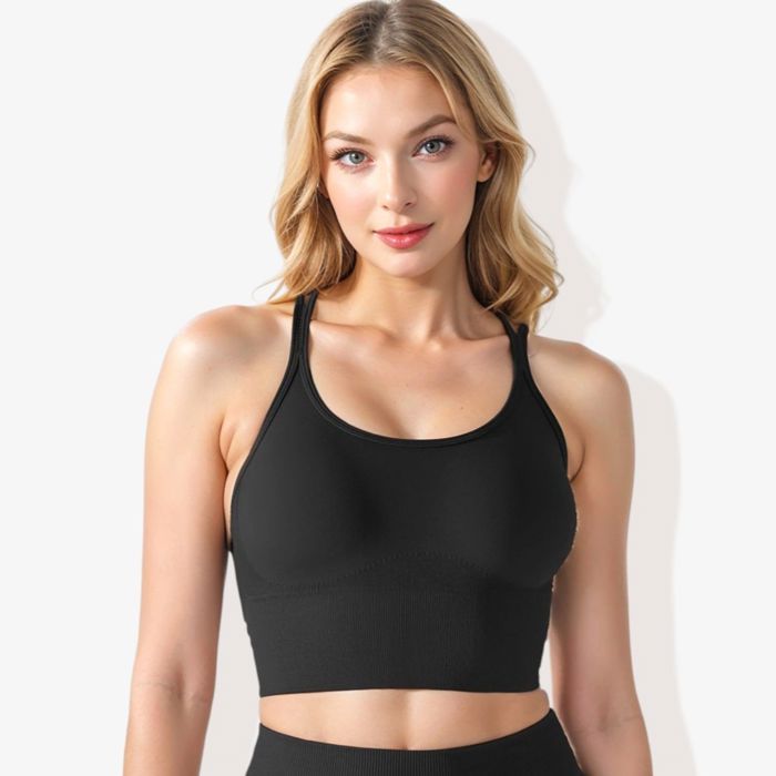 Women's Scoop Neck Cropped Rib Knit Seamless Criss Cross Back Sports Bra