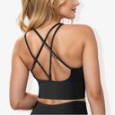 Black Medium Women's Scoop Neck Cropped Rib Knit Seamless Criss Cross Back Sports Bra