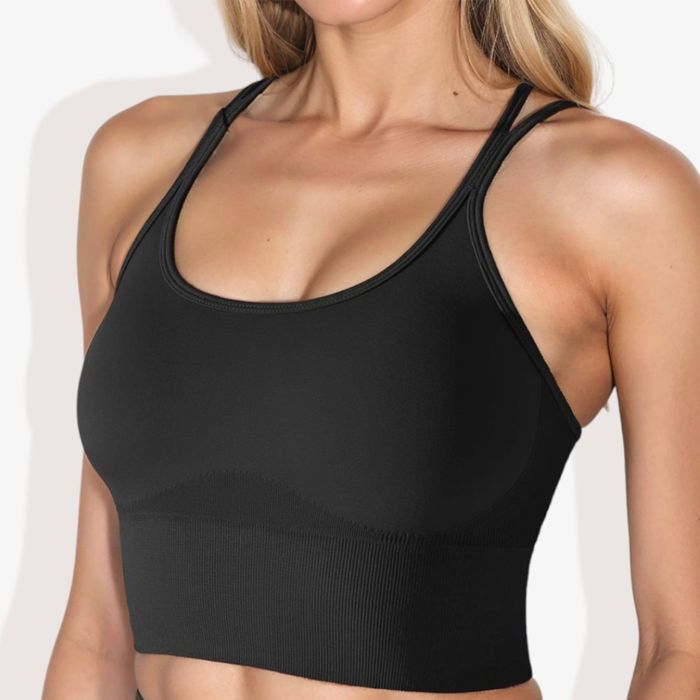 Women's Scoop Neck Cropped Rib Knit Seamless Criss Cross Back Sports Bra