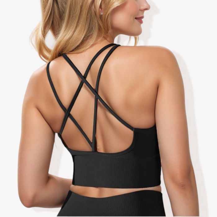 Women's Scoop Neck Cropped Rib Knit Seamless Criss Cross Back Sports Bra