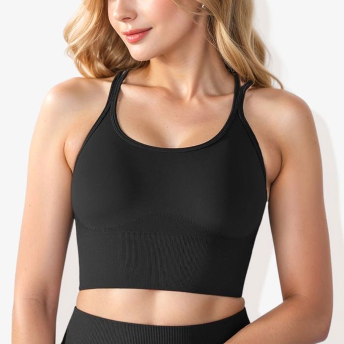 Women's Scoop Neck Cropped Rib Knit Seamless Criss Cross Back Sports Bra