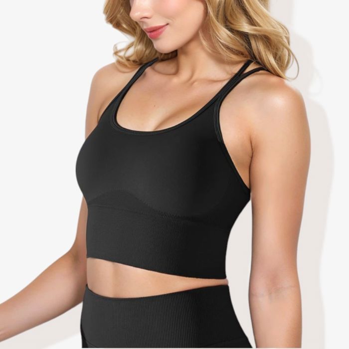 Women's Scoop Neck Cropped Rib Knit Seamless Criss Cross Back Sports Bra
