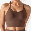Brown Large Women's Scoop Neck Cropped Rib Knit Seamless Criss Cross Back Sports Bra