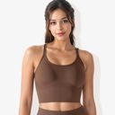 Brown Medium Women's Scoop Neck Cropped Rib Knit Seamless Criss Cross Back Sports Bra