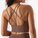 Brown Small Women's Scoop Neck Cropped Rib Knit Seamless Criss Cross Back Sports Bra