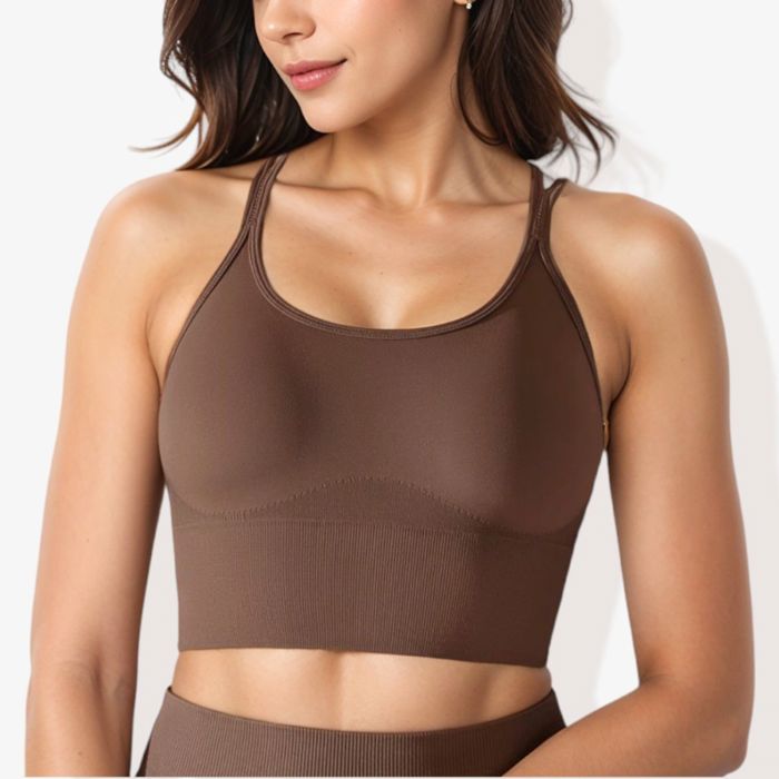 Women's Scoop Neck Cropped Rib Knit Seamless Criss Cross Back Sports Bra
