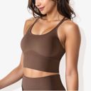 Brown Small Women's Scoop Neck Cropped Rib Knit Seamless Criss Cross Back Sports Bra