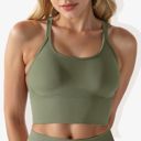 Green Medium Women's Scoop Neck Cropped Rib Knit Seamless Criss Cross Back Sports Bra