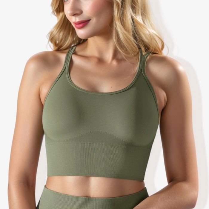 Women's Scoop Neck Cropped Rib Knit Seamless Criss Cross Back Sports Bra