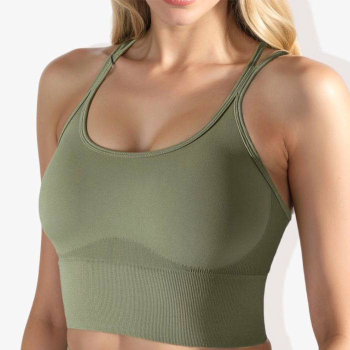Women's Scoop Neck Cropped Rib Knit Seamless Criss Cross Back Sports Bra