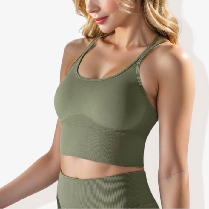 Women's Scoop Neck Cropped Rib Knit Seamless Criss Cross Back Sports Bra