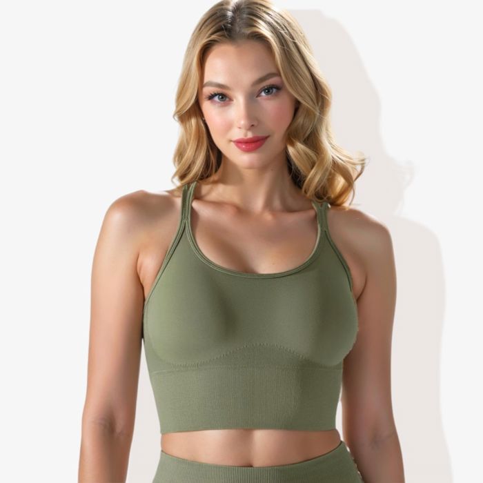 Women's Scoop Neck Cropped Rib Knit Seamless Criss Cross Back Sports Bra