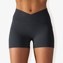 Black Small Women's V-Cross Front Wide Band Stretchy Side Pocket Detail Biker Shorts