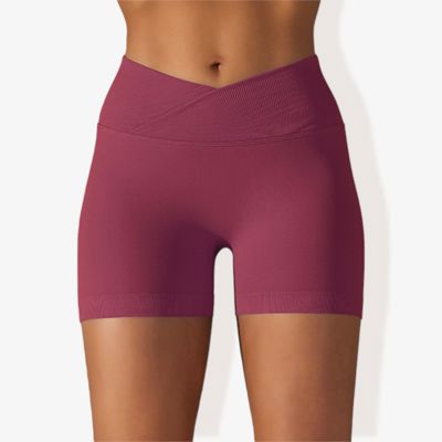 Women's Wide Band Stretchy Rib Knit Cross Front Gathered Biker Shorts