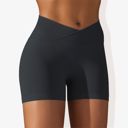 Black Large Women's Wide Band Stretchy Rib Knit Cross Front Gathered Biker Shorts