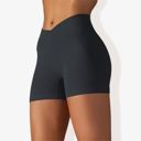 Black Small Women's Wide Band Stretchy Rib Knit Cross Front Gathered Biker Shorts