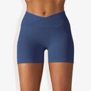Blue XL Women's Wide Band Stretchy Rib Knit Cross Front Gathered Biker Shorts
