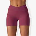 Red Medium Women's Wide Band Stretchy Rib Knit Cross Front Gathered Biker Shorts