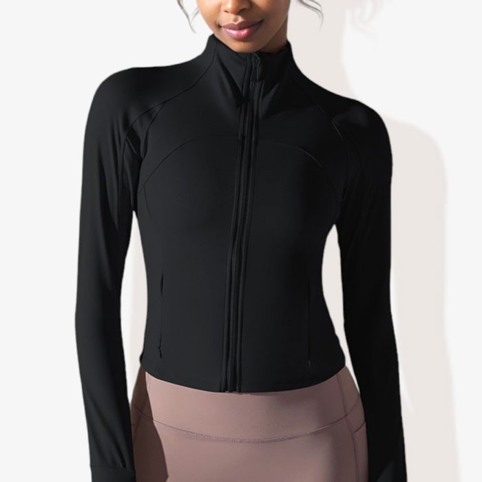 Women's Stretchy Long Sleeve High Neck Zip Pocket Sports Jacket