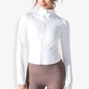 White Small Women's Stretchy Long Sleeve High Neck Zip Pocket Sports Jacket