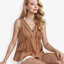 Brown Large Double Crochet Detail V-Neck Flared Ruffle Peplum Tank Top