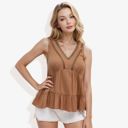 Brown Large Double Crochet Detail V-Neck Flared Ruffle Peplum Tank Top