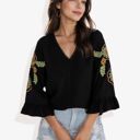  Neon Floral Cord Embroidered Ruffle Bell Sleeve V-Neck Blouse