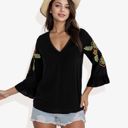  Neon Floral Cord Embroidered Ruffle Bell Sleeve V-Neck Blouse