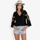 Black Large Neon Floral Cord Embroidered Ruffle Bell Sleeve V-Neck Blouse