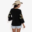 Black Large Neon Floral Cord Embroidered Ruffle Bell Sleeve V-Neck Blouse