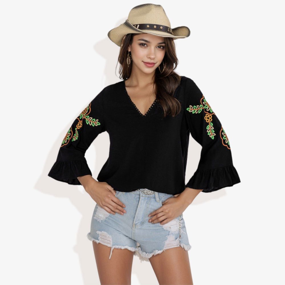 Neon Floral Cord Embroidered Ruffle Bell Sleeve V-Neck Blouse