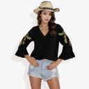 Black Medium Neon Floral Cord Embroidered Ruffle Bell Sleeve V-Neck Blouse