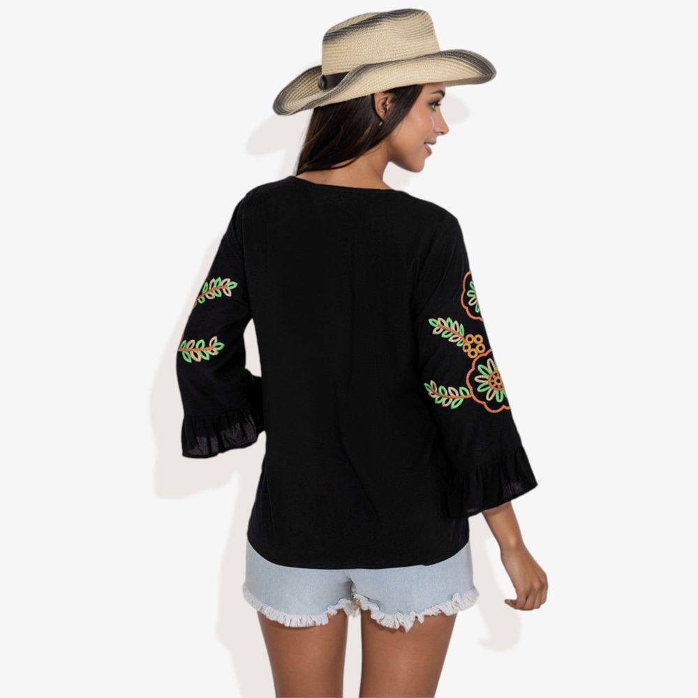 Neon Floral Cord Embroidered Ruffle Bell Sleeve V-Neck Blouse