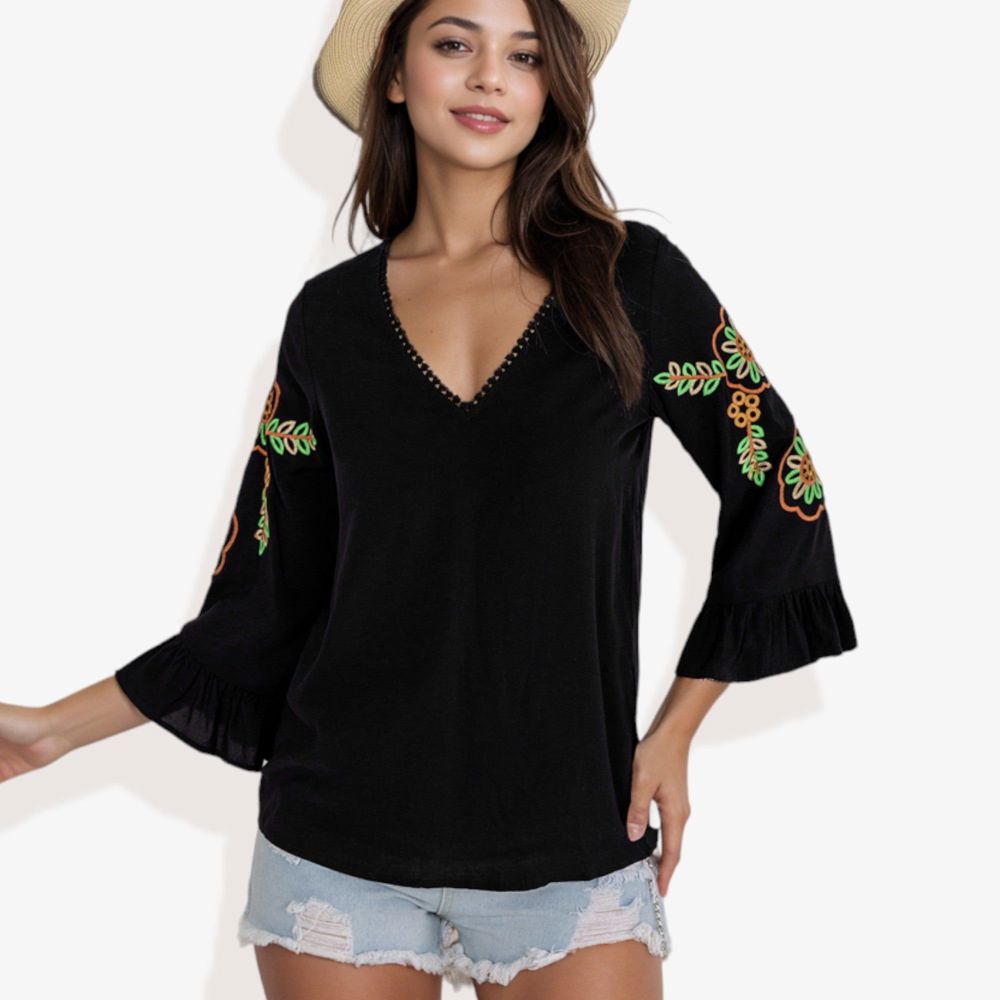 Neon Floral Cord Embroidered Ruffle Bell Sleeve V-Neck Blouse