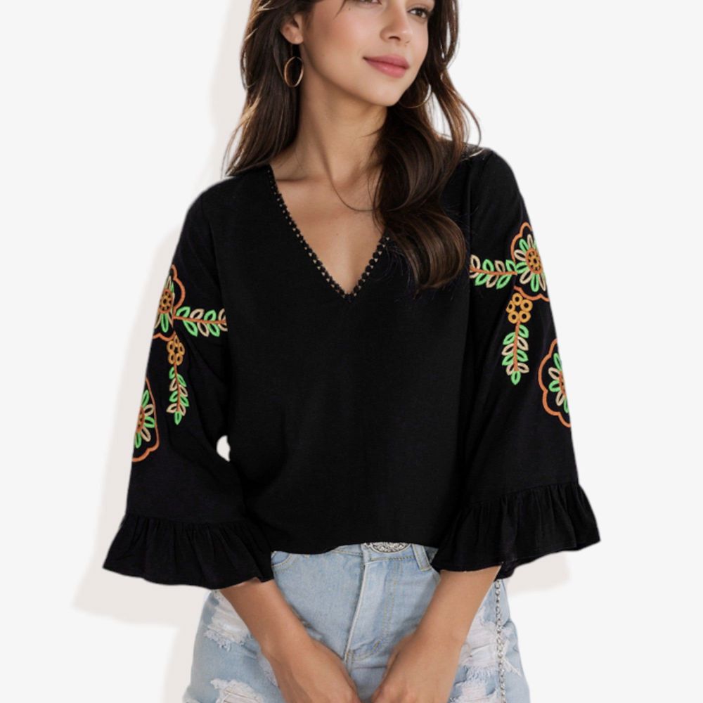 Neon Floral Cord Embroidered Ruffle Bell Sleeve V-Neck Blouse