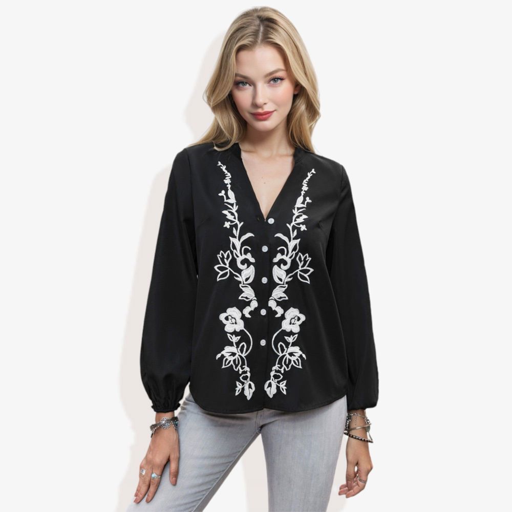 Notched Collar Floral Western Embroidered Long Sleeve V-Neck Blouse