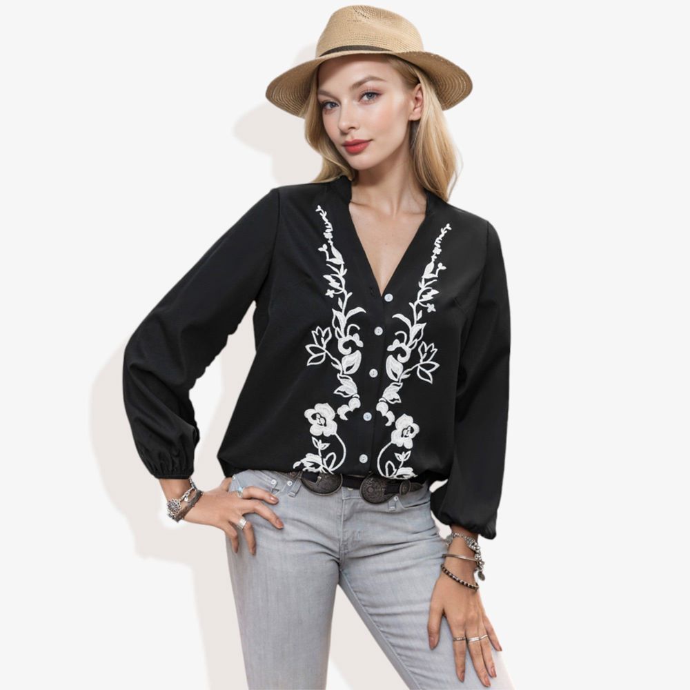 Notched Collar Floral Western Embroidered Long Sleeve V-Neck Blouse