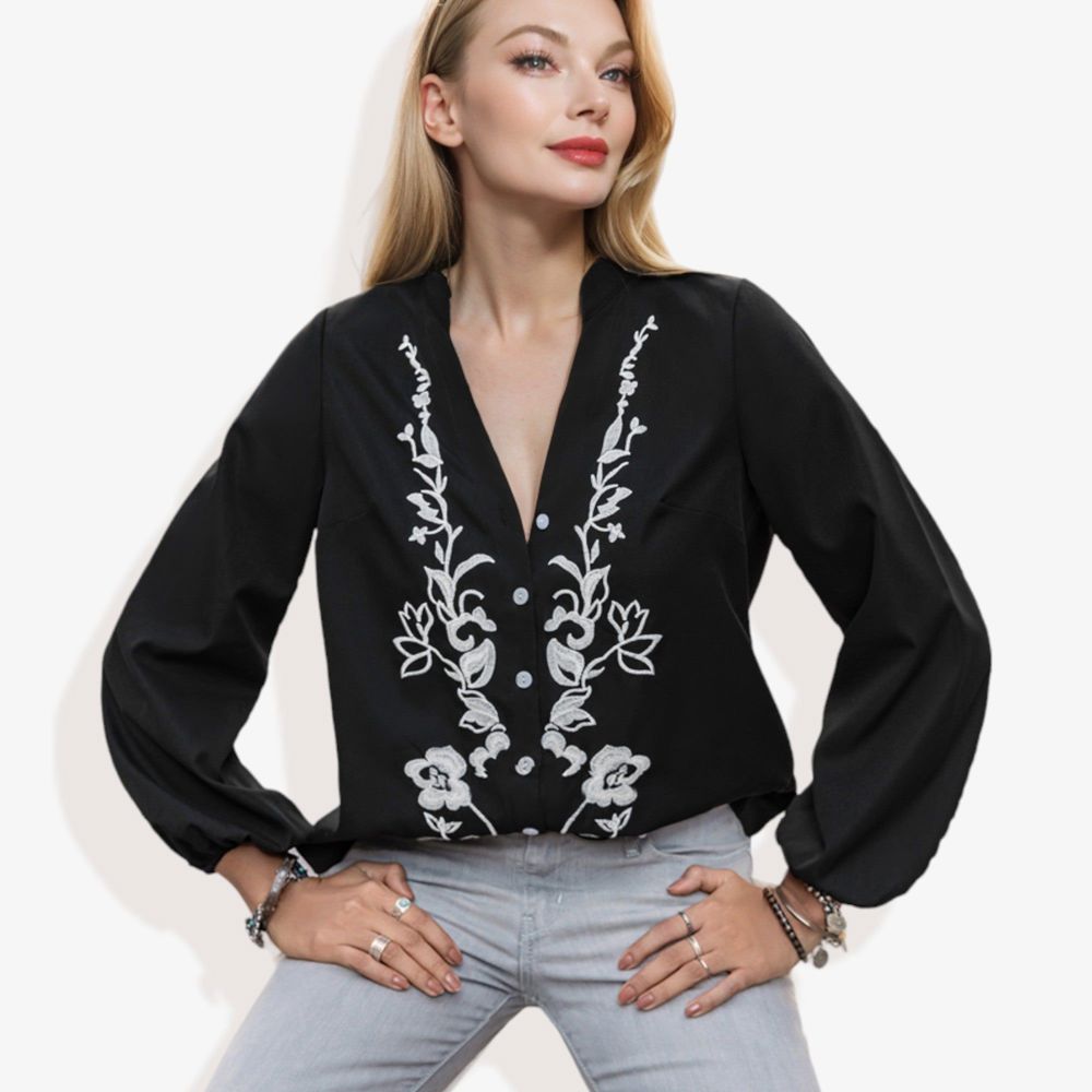 Notched Collar Floral Western Embroidered Long Sleeve V-Neck Blouse