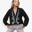 Black Large Notched Collar Floral Western Embroidered Long Sleeve V-Neck Blouse