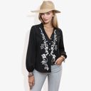 Black Large Notched Collar Floral Western Embroidered Long Sleeve V-Neck Blouse