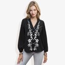 Black Large Notched Collar Floral Western Embroidered Long Sleeve V-Neck Blouse