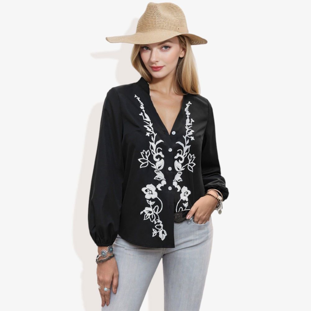 Notched Collar Floral Western Embroidered Long Sleeve V-Neck Blouse