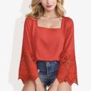  Long Lace Bell Sleeve Pom Pom Trim Square Neck Blouse