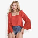  Long Lace Bell Sleeve Pom Pom Trim Square Neck Blouse