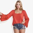  Long Lace Bell Sleeve Pom Pom Trim Square Neck Blouse