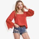  Long Lace Bell Sleeve Pom Pom Trim Square Neck Blouse