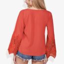  Long Lace Bell Sleeve Pom Pom Trim Square Neck Blouse