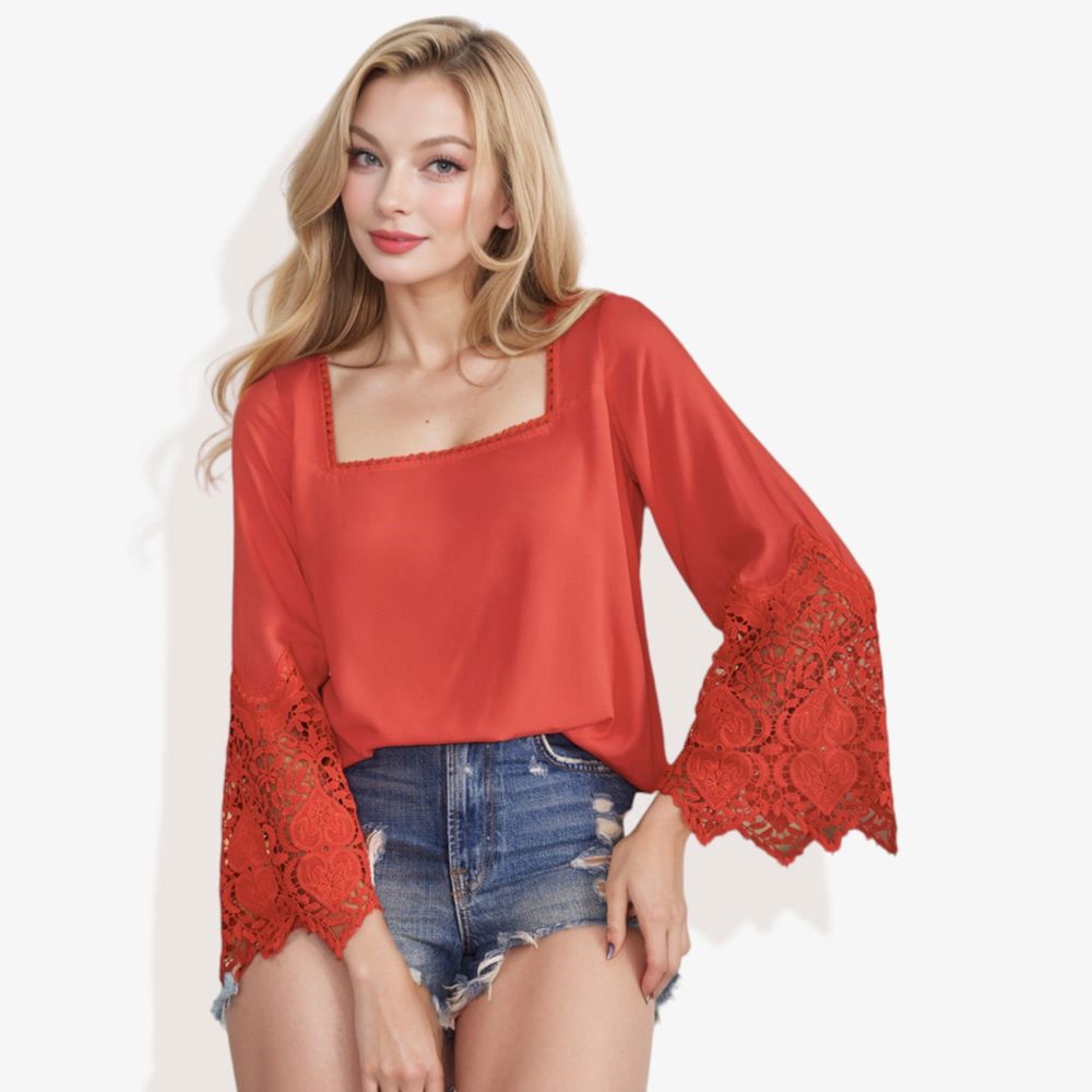 Long Lace Bell Sleeve Pom Pom Trim Square Neck Blouse