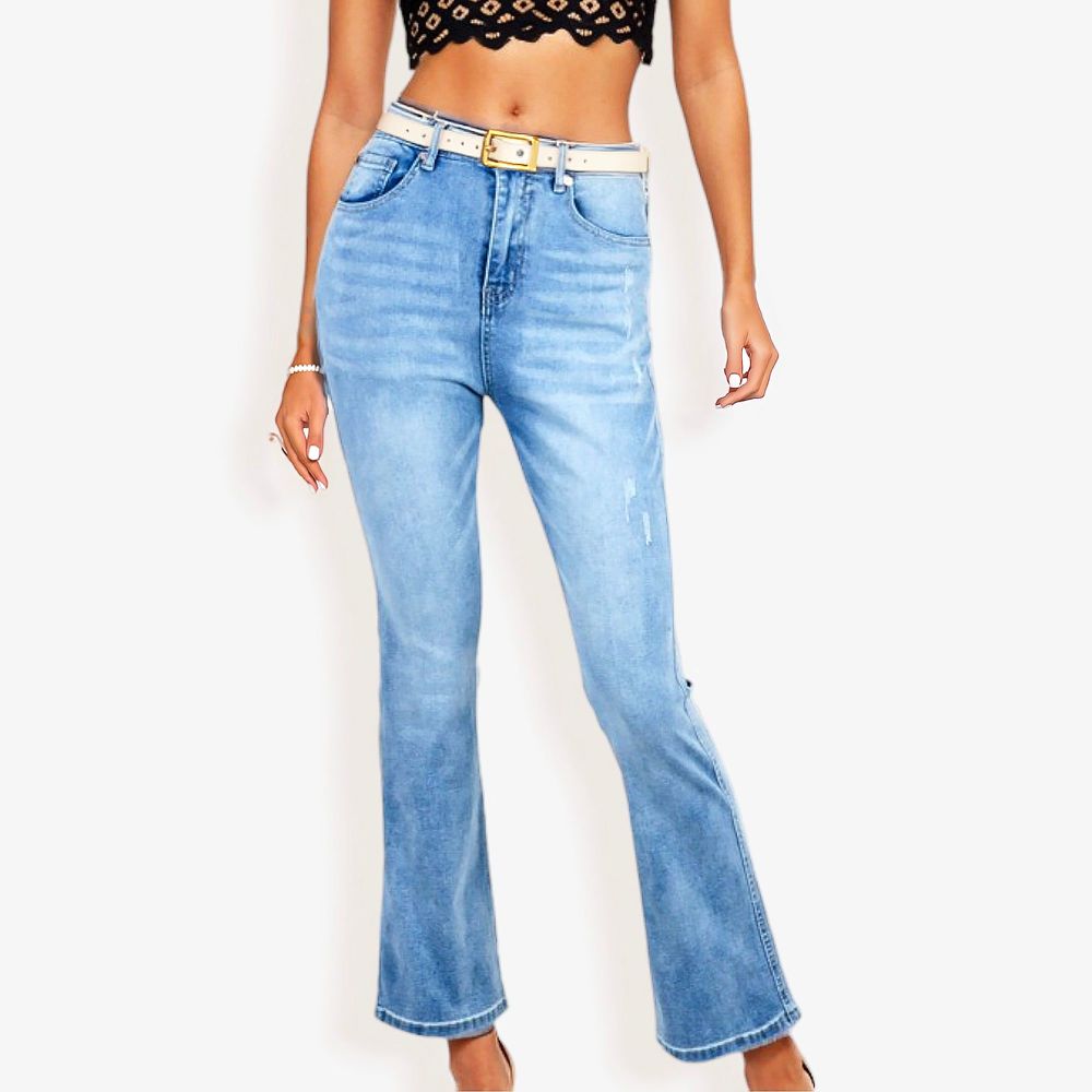 High Waist Light Wash Flare Jeans with Subtle Distressing